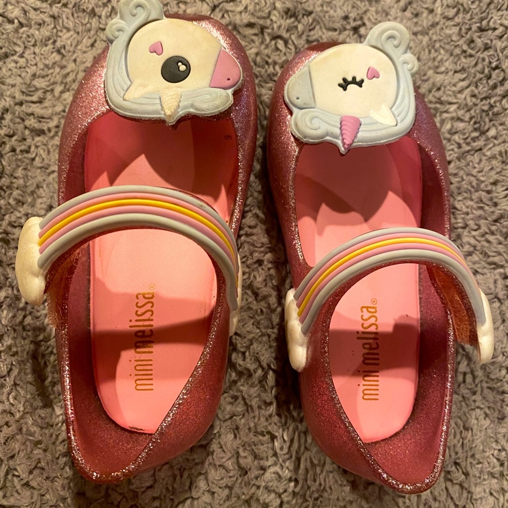 Sparkly pink mini Melissa unicorn shoes